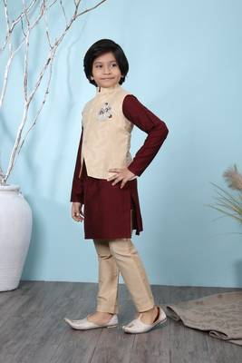 Maroon embroidered cotton silk boys-kurta &-pyjama 2