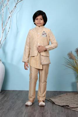 Beige embroidered banarasi silk boys-kurta &-pyjama 1