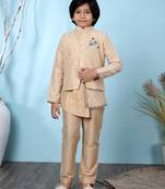 Beige embroidered banarasi silk boys-kurta &-pyjama