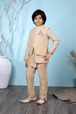 Beige embroidered banarasi silk boys-kurta &-pyjama 2