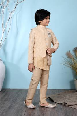 Beige embroidered banarasi silk boys-kurta &-pyjama 3