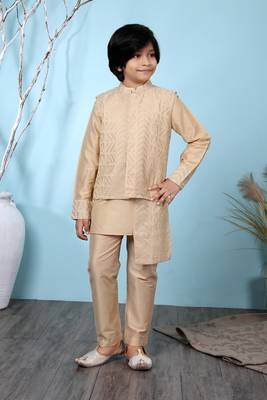 Beige embroidered banarasi silk boys-kurta &-pyjama 1