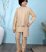 Beige embroidered banarasi silk boys-kurta &-pyjama