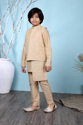 Beige embroidered banarasi silk boys-kurta &-pyjama 2