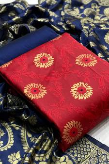  Red Banarasi silk Unstitched dress material