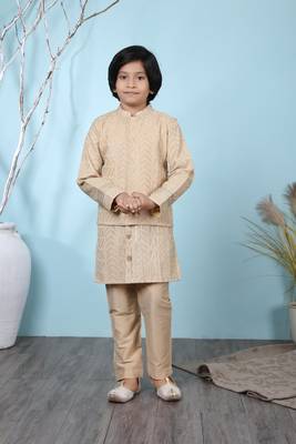 Beige embroidered banarasi silk boys-kurta &-pyjama 1