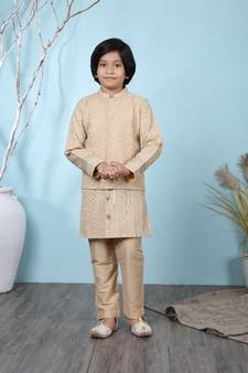 Beige embroidered banarasi silk boys-kurta &-pyjama