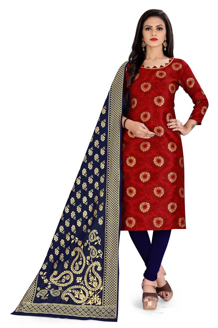  Red Banarasi silk Unstitched dress material