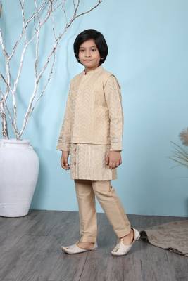 Beige embroidered banarasi silk boys-kurta &-pyjama 2