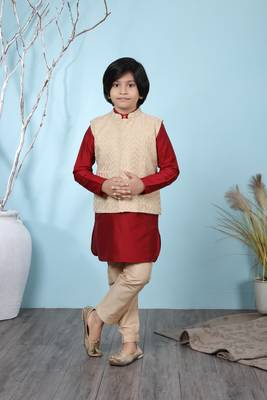 Maroon plain banarasi silk boys-kurta &-pyjama 1