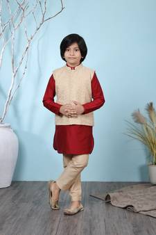 Maroon plain banarasi silk boys-kurta &-pyjama