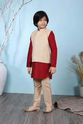 Maroon plain banarasi silk boys-kurta &-pyjama 2