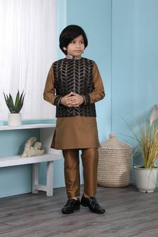 Brown embroidered cotton silk boys-kurta &-pyjama