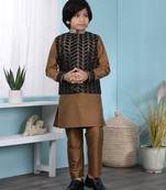 Brown embroidered cotton silk boys-kurta &-pyjama