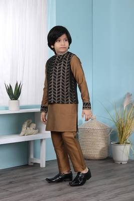 Brown embroidered cotton silk boys-kurta &-pyjama 2