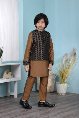 Brown embroidered cotton silk boys-kurta &-pyjama 3