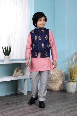 Pink plain cotton silk boys-kurta &-pyjama 1
