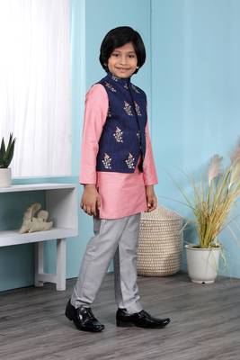 Pink plain cotton silk boys-kurta &-pyjama 3