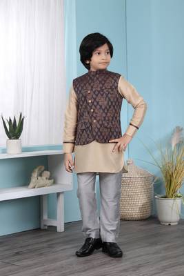Beige embroidered cotton silk boys-kurta &-pyjama 1