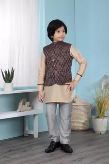 Beige embroidered cotton silk boys-kurta &-pyjama