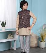 Beige embroidered cotton silk boys-kurta &-pyjama