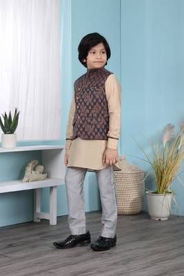Beige embroidered cotton silk boys-kurta &-pyjama 2