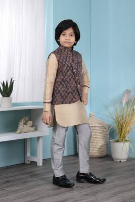 Beige embroidered cotton silk boys-kurta &-pyjama 3