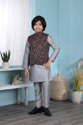 Grey plain cotton silk boys-kurta &-pyjama 1