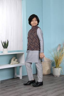 Grey plain cotton silk boys-kurta &-pyjama 2
