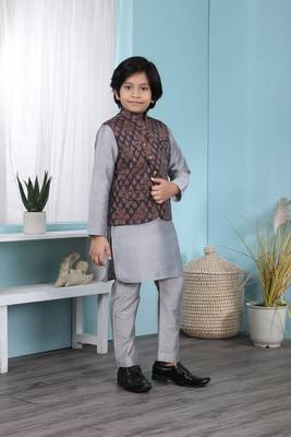 Grey plain cotton silk boys-kurta &-pyjama 3