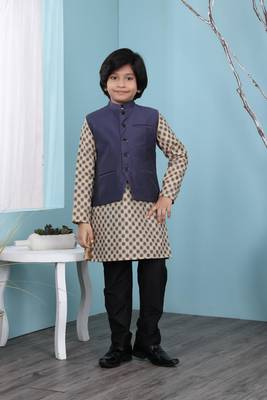 Beige printed banarasi silk boys-kurta &-pyjama 1