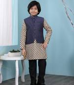 Beige printed banarasi silk boys-kurta &-pyjama