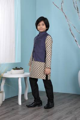 Beige printed banarasi silk boys-kurta &-pyjama 2