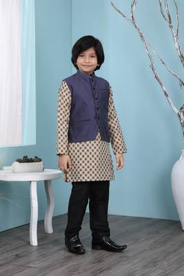 Beige printed banarasi silk boys-kurta &-pyjama 3