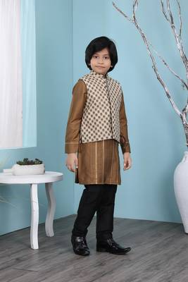 Brown plain cotton silk boys-kurta &-pyjama 3