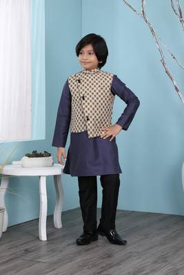 Blue plain cotton silk boys-kurta &-pyjama 1