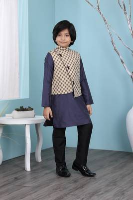 Blue plain cotton silk boys-kurta &-pyjama 3