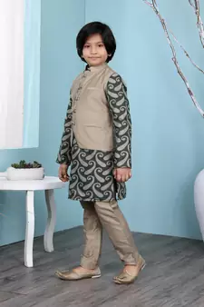 Green printed banarasi silk boys-kurta &-pyjama