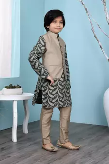 Green printed banarasi silk boys-kurta &-pyjama