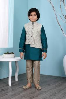 Green plain cotton silk boys-kurta &-pyjama