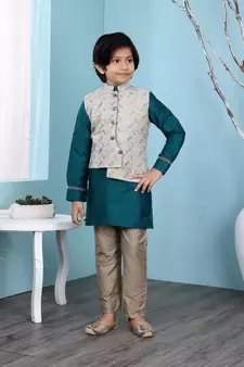 Green plain cotton silk boys-kurta &-pyjama