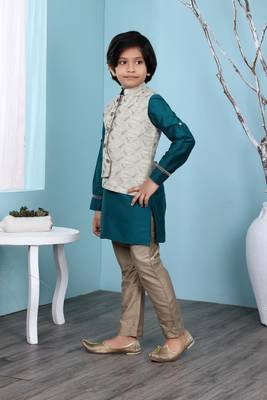 Green plain cotton silk boys-kurta &-pyjama 4