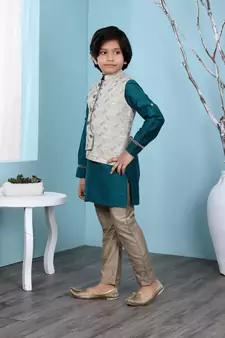 Green plain cotton silk boys-kurta &-pyjama
