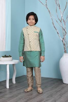 Green plain cotton silk boys-kurta &-pyjama 1