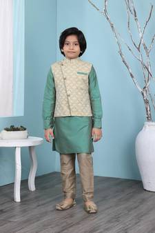 Green plain cotton silk boys-kurta &-pyjama