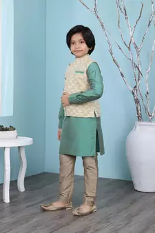 Green plain cotton silk boys-kurta &-pyjama