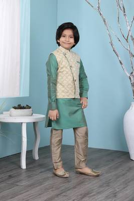 Green plain cotton silk boys-kurta &-pyjama 3