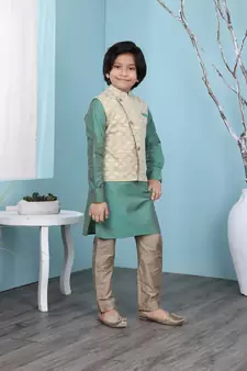 Green plain cotton silk boys-kurta &-pyjama