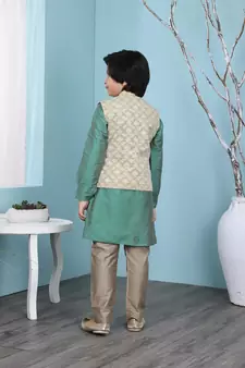 Green plain cotton silk boys-kurta &-pyjama