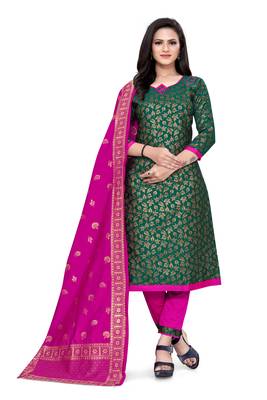  Rama green Banarasi silk Unstitched dress material 2